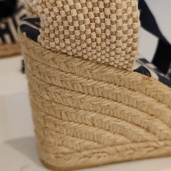 Tory Burch Geo Print Platform Wedge Espadrilles Navy White Boho Sandals - Picture 6 of 11